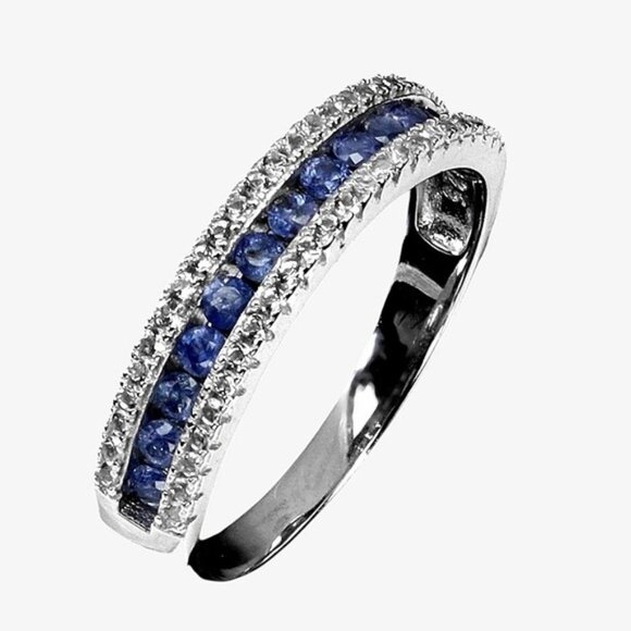 925 Sterling Silver Ring Sz 7.5 with Natural Blue  Myanmar Sapphire Gemstones - Picture 1 of 4